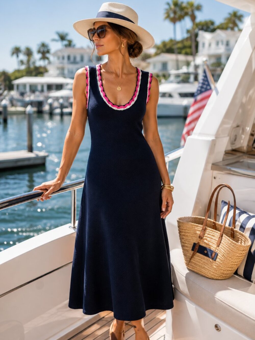 Veronica Beard Ashlan Knit Midi Dress Navy Pink Scallop Trim Cotton XL